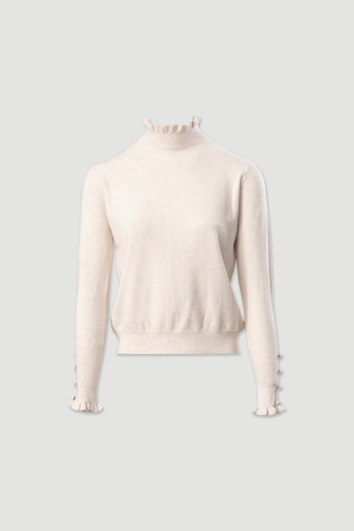 Camisola creme de malha com gola alta e folhos