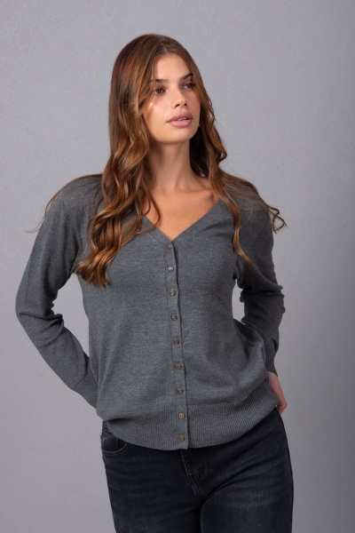 Cardigã cinzento de malha com botões frontais e decote em V