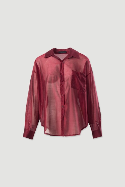 Camisa feminina vermelha transparente com botões e bolso