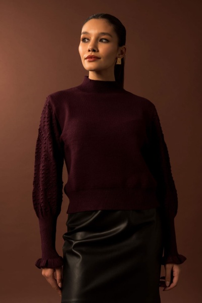 Camisola bordeaux de malha com gola alta e mangas texturizadas, saia preta imitação couro, fundo castanho