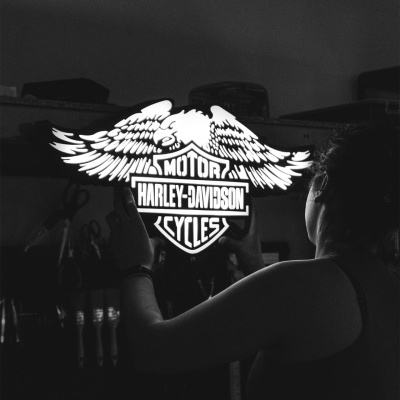 Símbolo Harley Davidson com águia iluminado.