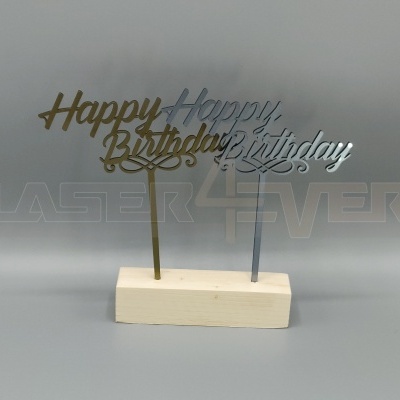 Dois enfeites de mesa com texto Happy Birthday em dourado e prateado