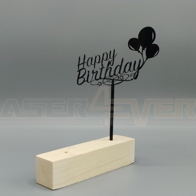 Escultura decorativa Happy Birthday em madeira e acrílico preto
