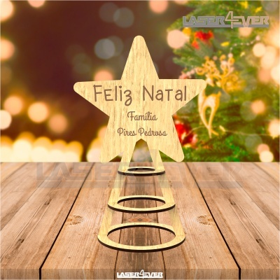Figura decorativa de Natal em forma de estrela com texto em madeira