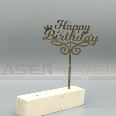 decoração em madeira 'Happy Birthday' dourada em bloco de madeira