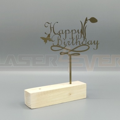 Suporte decorativo de madeira com placa metálica 'Happy Birthday' em dourado