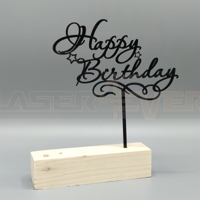 Decoração de bolo 'Happy Birthday' em metal preto com base de madeira clara