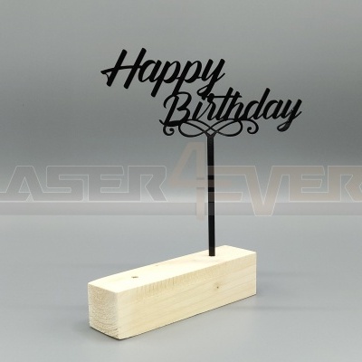 Topo de bolo 'Happy Birthday' em metal preto com base de madeira clara