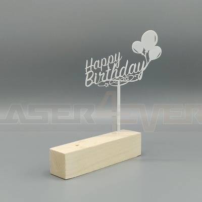 Suporte decorativo 'Happy Birthday' com base em madeira e placa branca com balões