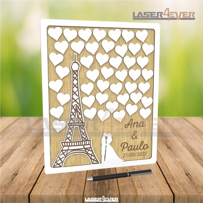 Quadro decorativo com corações, Torre Eiffel e texto Ana & Paulo 27/08/2022