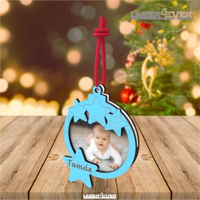Enfeite de Natal azul com estrelas e fotografia de bebé