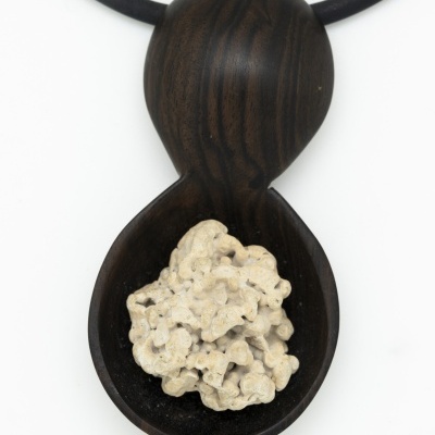 Colar com pingente em madeira escura e peça creme irregular