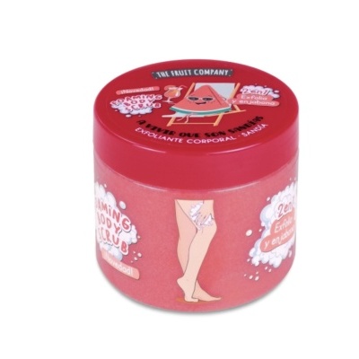 Exfoliante corporal em embalagem vermelha com ilustrações e texto em espanhol.