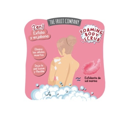 Rótulo rosa de esfoliante corporal espumante com texto em castelhano e ilustração de mulher com espuma nas costas