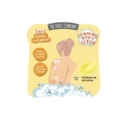 Design gráfico amarelo com ilustração de mulher aplicando esfoliante corporal de sal marinho THE FRUIT COMPANY.