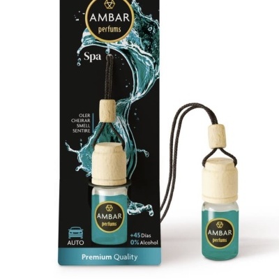 Diffuseur de parfum AMBAR Spa avec bouchon en bois et cordon, emballage noir et bleu.