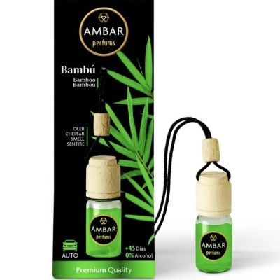 Diffuseur de parfum voiture AMBAR perfums Bambu avec emballage et flacon vert et bois