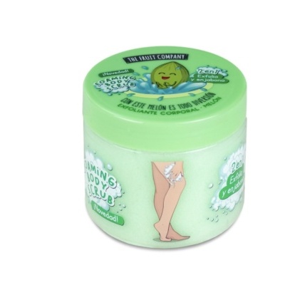 Frasco verde claro de esfoliante corporal The Fruit Company com tampa decorada com melancia