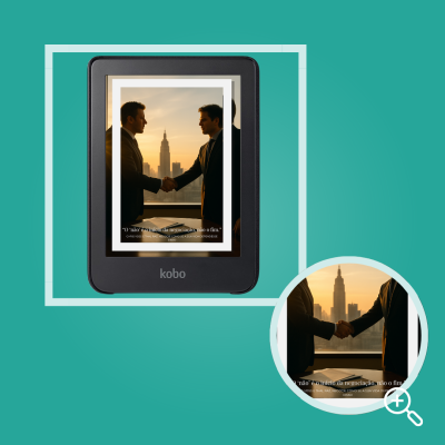 Ecrã digital Kobo com imagem de dois homens a apertar as mãos junto a janela