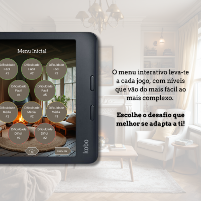 Ecrã de leitor Kobo com menu de níveis de jogo e texto explicativo em português numa sala de estar