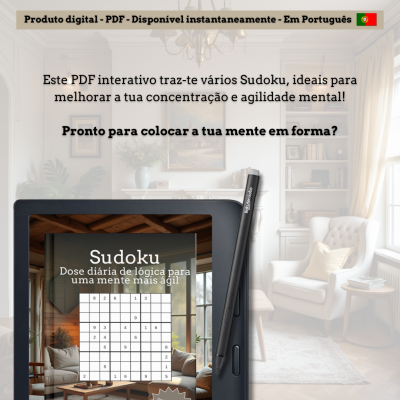 Tablet com Sudoku em tela e caneta digital numa mesa numa sala de estar moderna