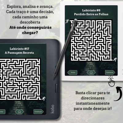 Dois dispositivos digitais com labirintos e texto em português sobre exploração e decisão