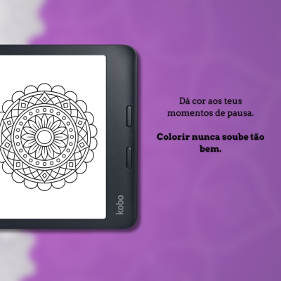 Leitor de e-books Kobo com mandala preto e branco no ecrã e texto em fundo roxo