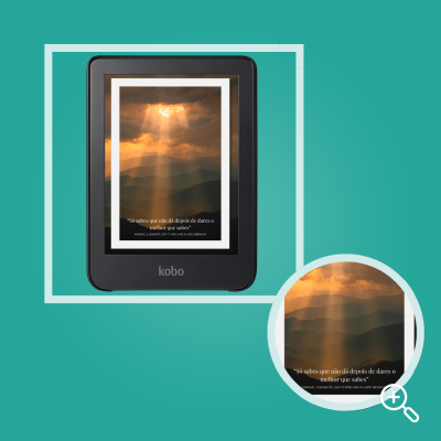 Leitor de livros digitais Kobo com ecrã a mostrar paisagem e citação em português