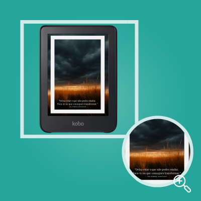 E-reader Kobo preto com ecrã a mostrar imagem de campo ao entardecer e texto motivacional em português
