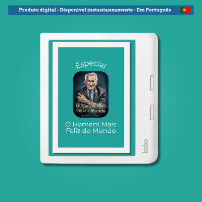 Leitor de e-book Kobo branco com capa do livro 'O Homem Mais Feliz do Mundo' em ecrã e texto promocional em fundo azul esverdeado