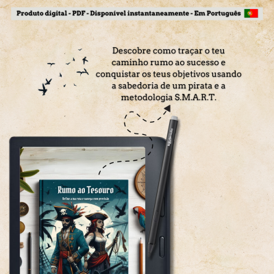 Tablet com capa digital de livro sobre piratas e texto sobre sucesso em português