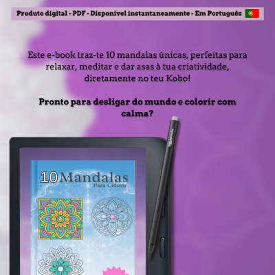 E-reader Kobo com e-book '10 Mandalas Para Colorir' em fundo roxo