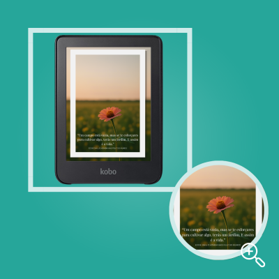 Leitor de e-books Kobo a mostrar imagem de flor e texto em português