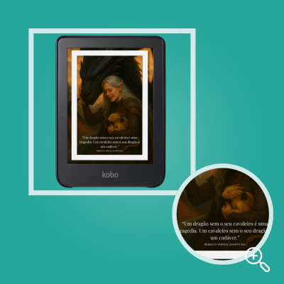 Ebook Kobo preto com capa que mostra mulher e dragão preto, com texto em português sobre dragão e cavaleiro.