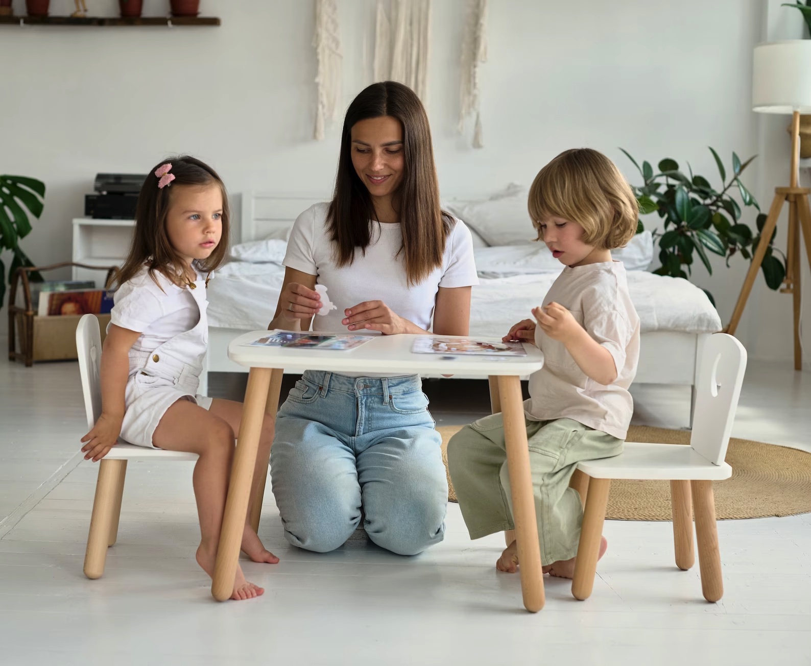 Conjunto de mesa e cadeiras infantis brancas com pés em madeira clara em sala de estar clara