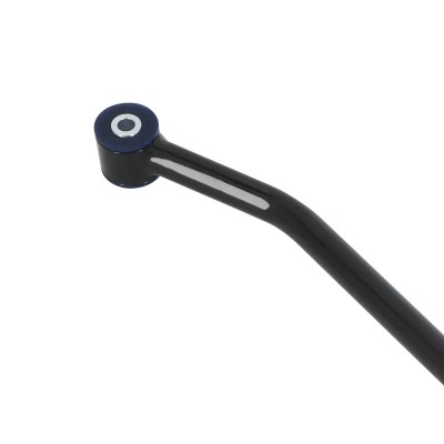 Braço de suspensão automóvel preto com bucha azul e inserto branco na extremidade