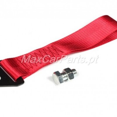 Correia de reboque vermelha com base metálica e parafuso em fundo branco