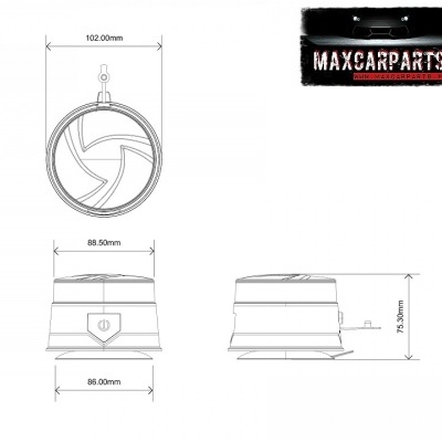 Desenho técnico de objeto circular com dimensões e logótipo MAXCARPARTS