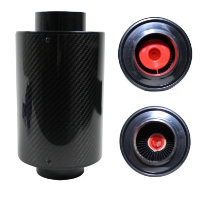 Filtro de ar cilíndrico preto em fibra de carbono com interior vermelho e componentes plásticos