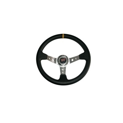 Volante automóvel preto com acabamento metálico e logótipo SR central