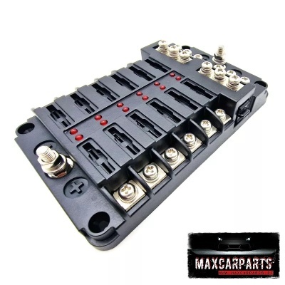 Módulo de distribuição de fusíveis automático preto com LEDs vermelhos e parafusos