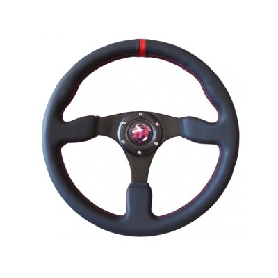 Volante de carro desportivo preto com linha vermelha no centro no topo