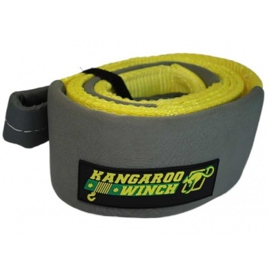 Cinta de reboque amarela com revestimento cinza e etiqueta KANGAROO WINCH