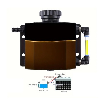 Tanque preto e dourado com tampa preta, suporte lateral e tubo indicador amarelo