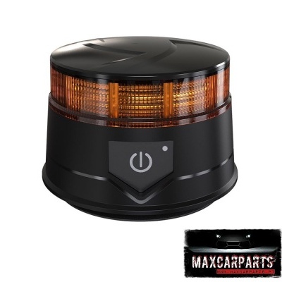 Luz rotativa de aviso preta com lente amarela e símbolo de ligar