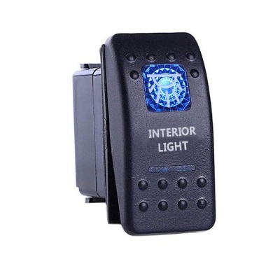Interruptor elétrico preto com luz azul e texto INTERIOR LIGHT