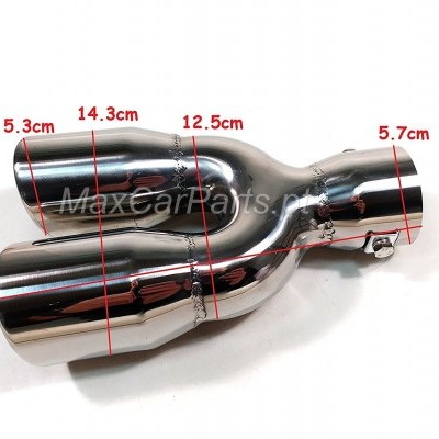 Ponteira de escape metálica dupla cromada com medidas em centímetros indicadas e marca d'água