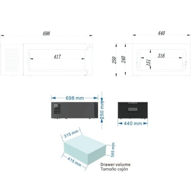 Desenho técnico de micro-ondas preto com dimensões marcadas