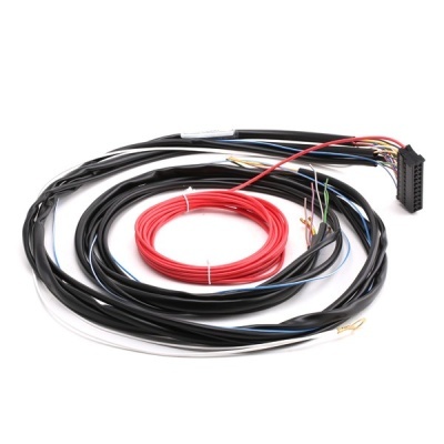 Conjunto de cabos eléctricos com isolamento preto e vermelho e conector negro
