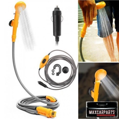 Chuveiro portátil laranja com mangueira cinzenta e partes pretas